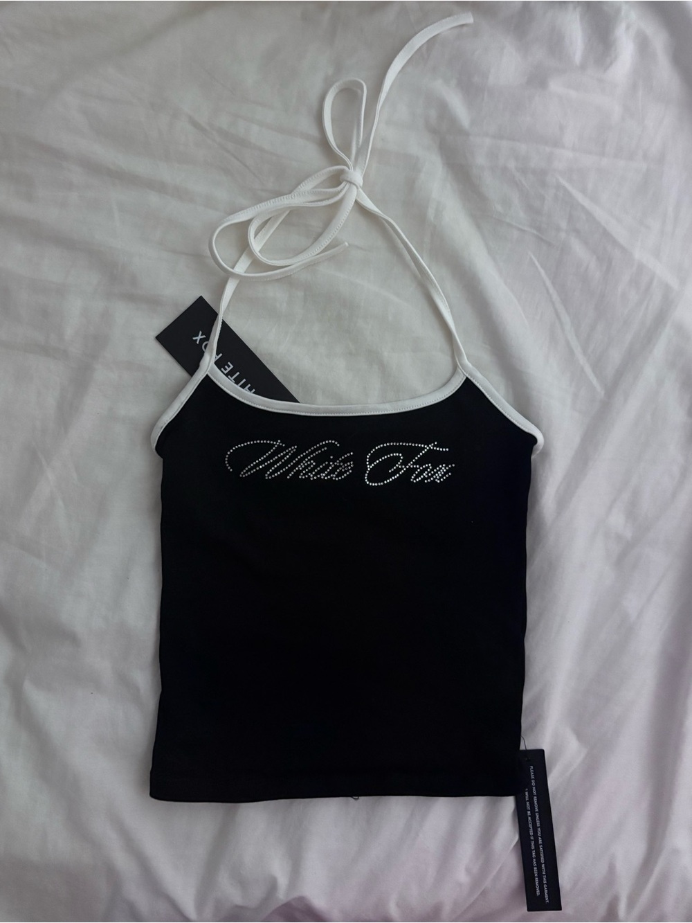 BNWT White Fox Boutique Black Halter Rhinestone Logo Crop Top with White Trim